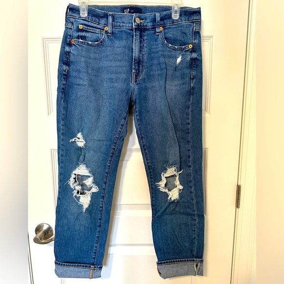 Gap Distressed Girlfriend Blue Denim Loose Fit Jeans Waist 27 Size 4 Womens - Picture 1 of 11